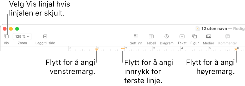 Linjalen med venstre margkontroll og innrykkskontroll for første linje.