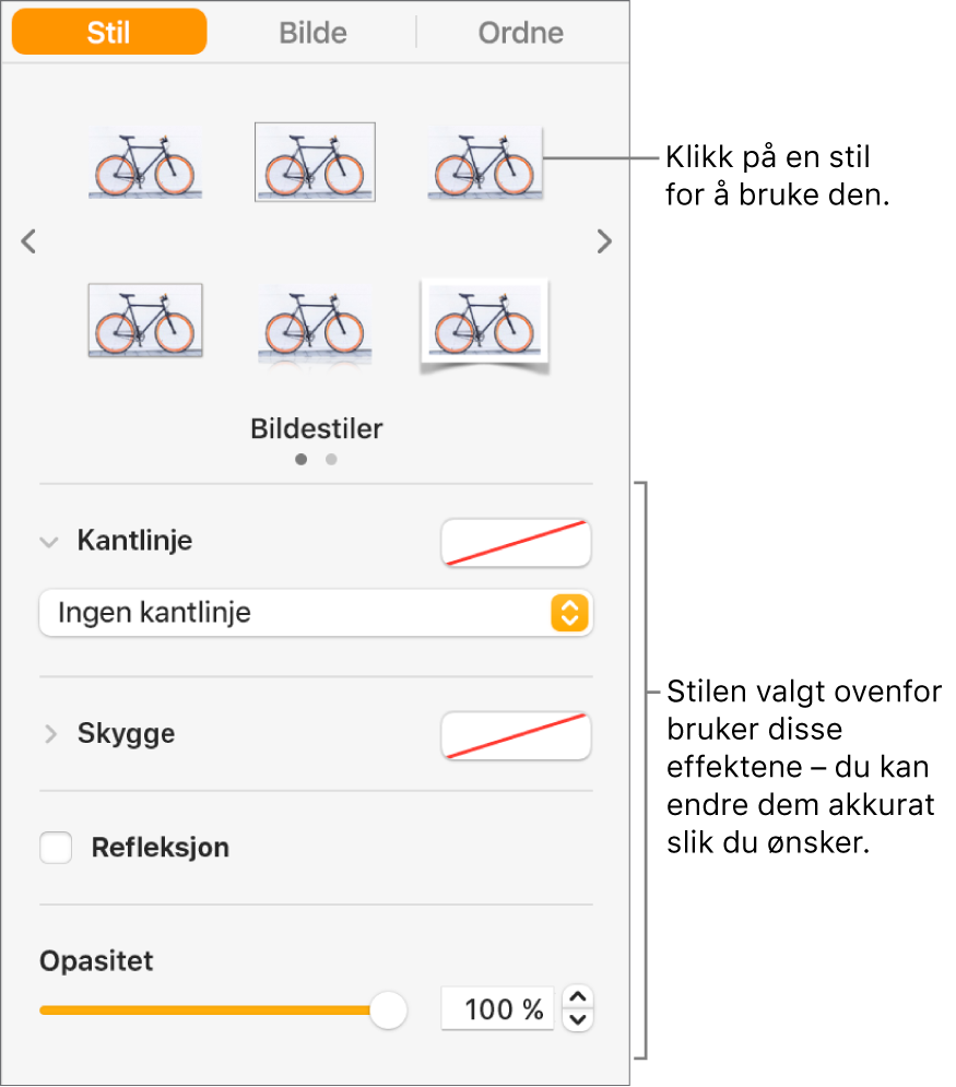 Stil-fanen i Format-sidepanelet som viser valg for objektstiler.