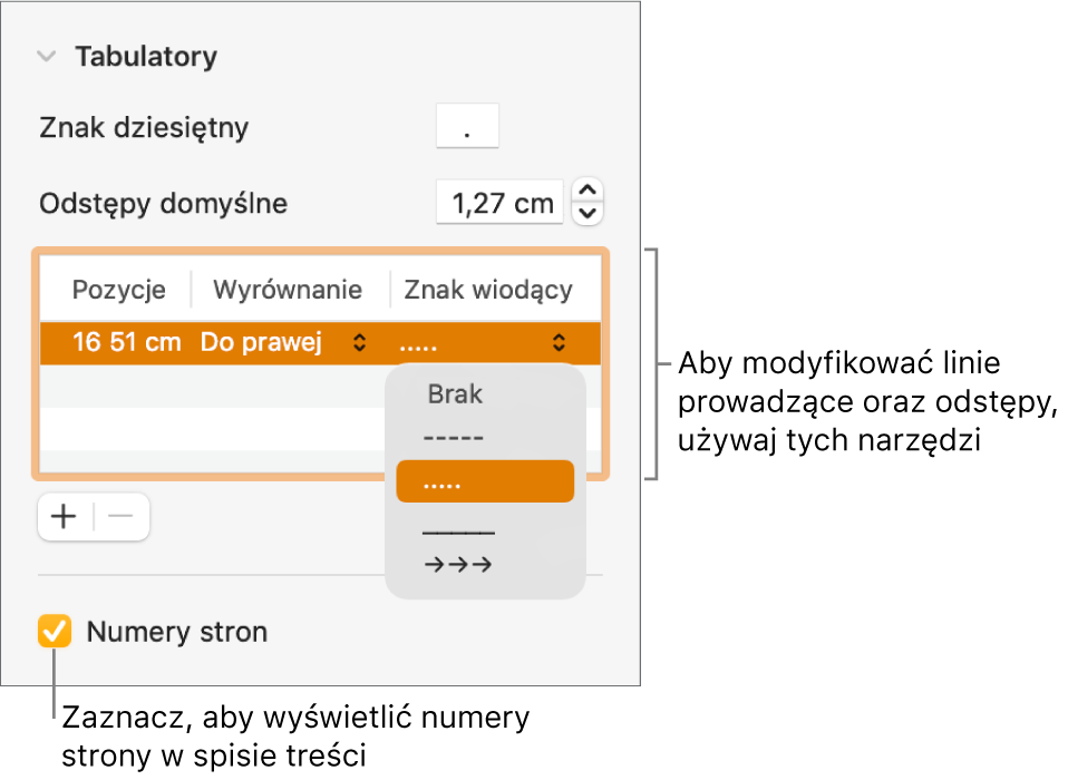 Sekcja Tabulatory na pasku bocznym Format. Poniżej etykiety Odstępy domyślne widoczna jest tabela zawierająca kolumny Pozycje, Wyrównanie oraz Znak wiodący. Poniżej tabeli widoczne jest zaznaczone pole wyboru Numery stron.
