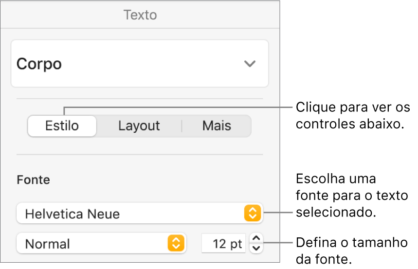 Controles de texto na seção Estilo da barra lateral Formatar para ajustar a fonte e o tamanho da fonte.