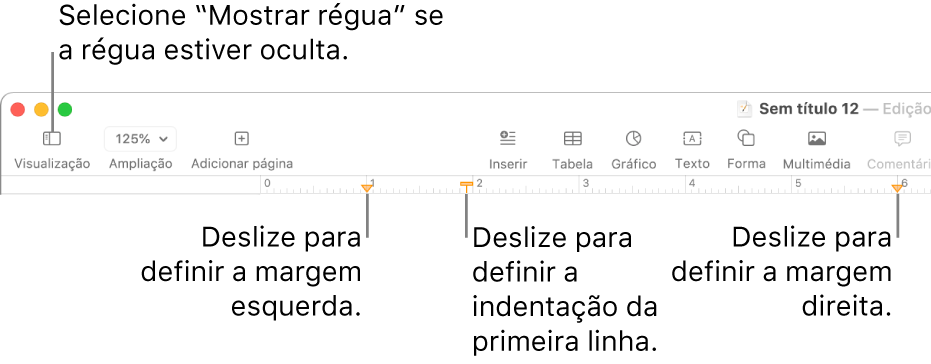 Régua com o controlo de margem esquerda e o controlo de indentação de primeira linha.