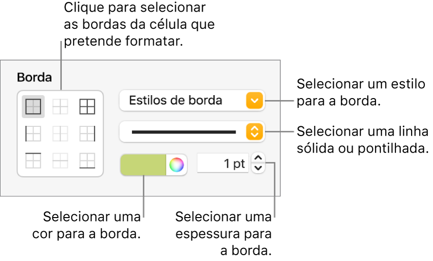 Controlos para definir o estilo de bordas de célula.