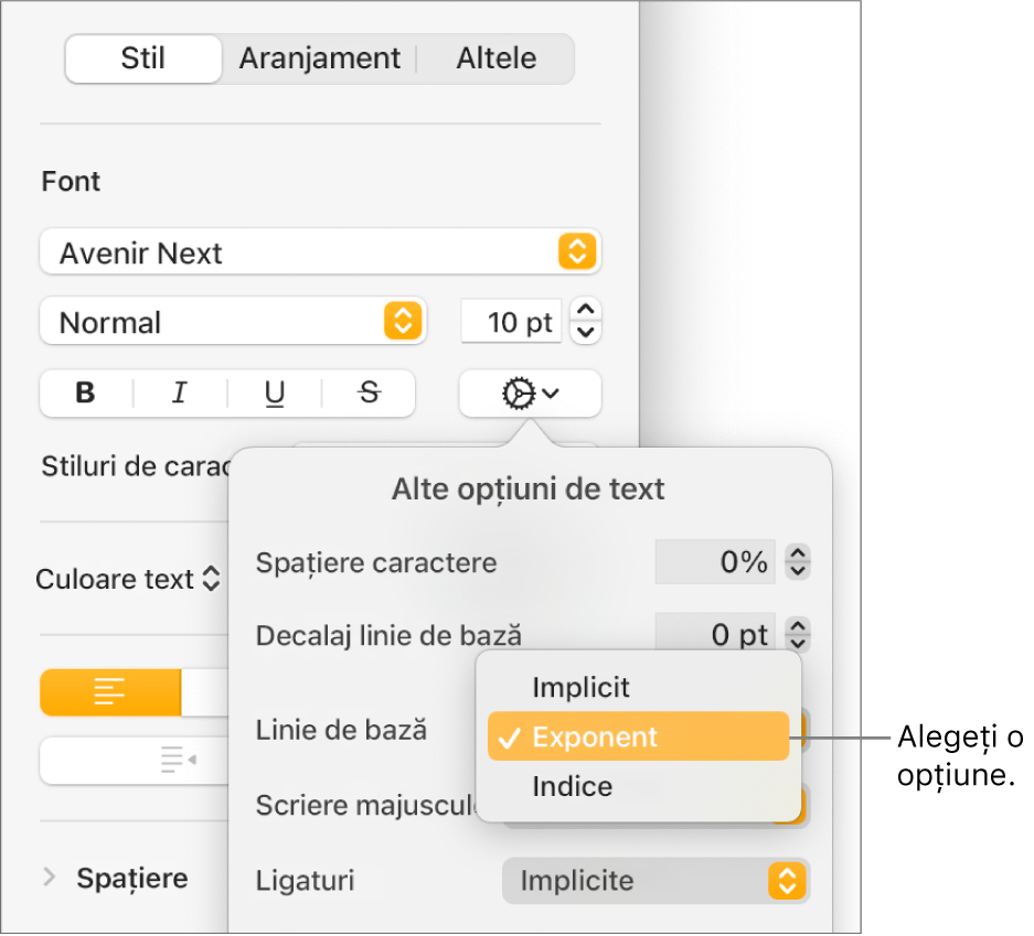 Meniul Opțiuni avansate având deschis meniul pop‑up Linie de bază și afișând articolele de meniu Implicit, Exponent și Indice.