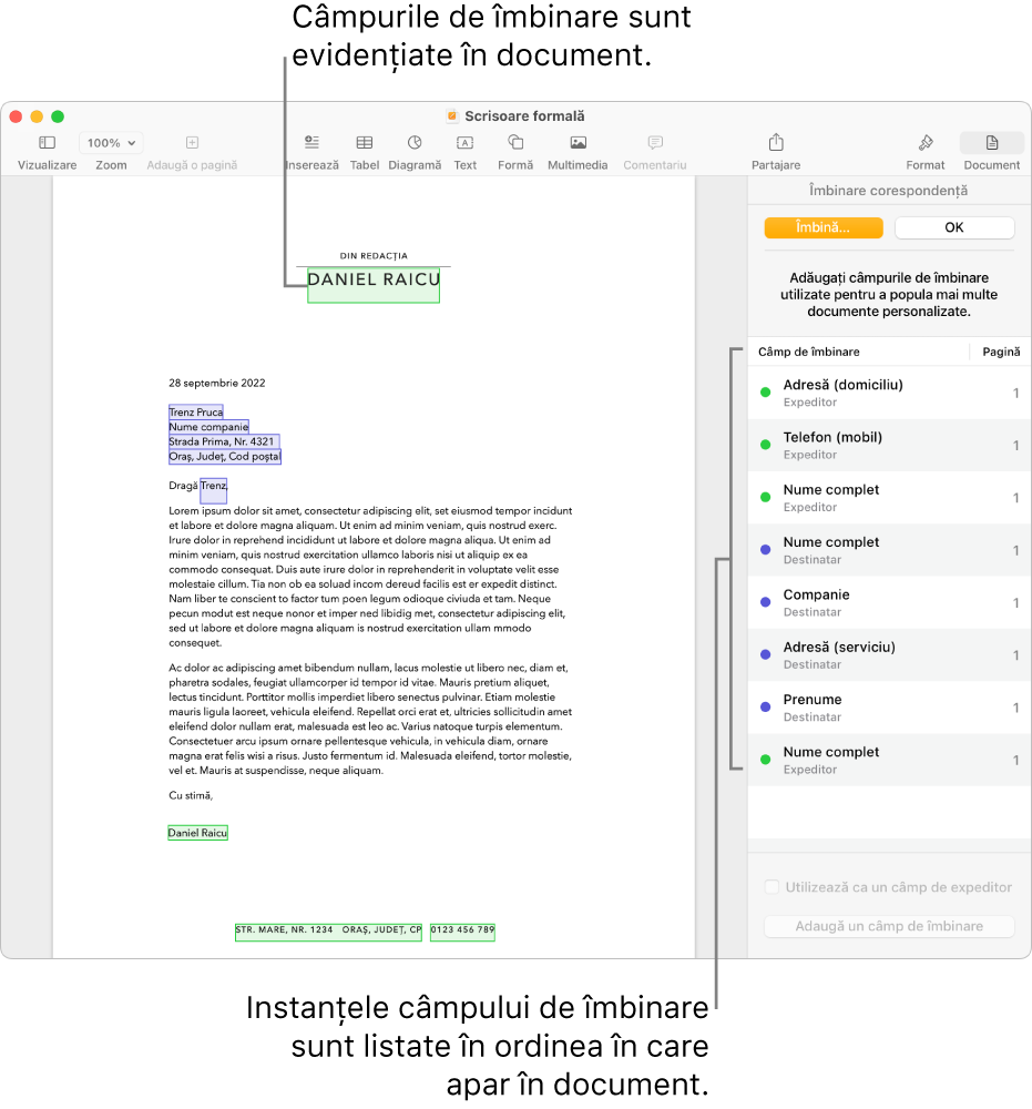 Un document Pages cu câmpurile de îmbinare ale expeditorului și destinatarului și lista de ocurențe ale câmpurilor de îmbinare vizibilă în bara laterală Document.