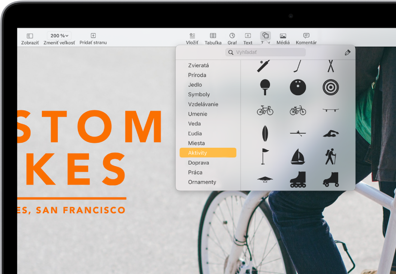 Panel s nástrojmi s tlačidlami na pridávanie tabuliek, grafov, textových polí, tvarov a médií. Je vybratý tvar a zobrazuje sa kategória Aktivity označená na postrannom paneli naľavo a tvary napravo.