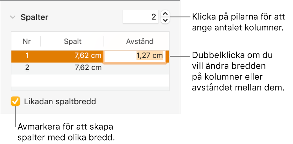 Layoutpanelen i formatgranskaren med spaltreglage.