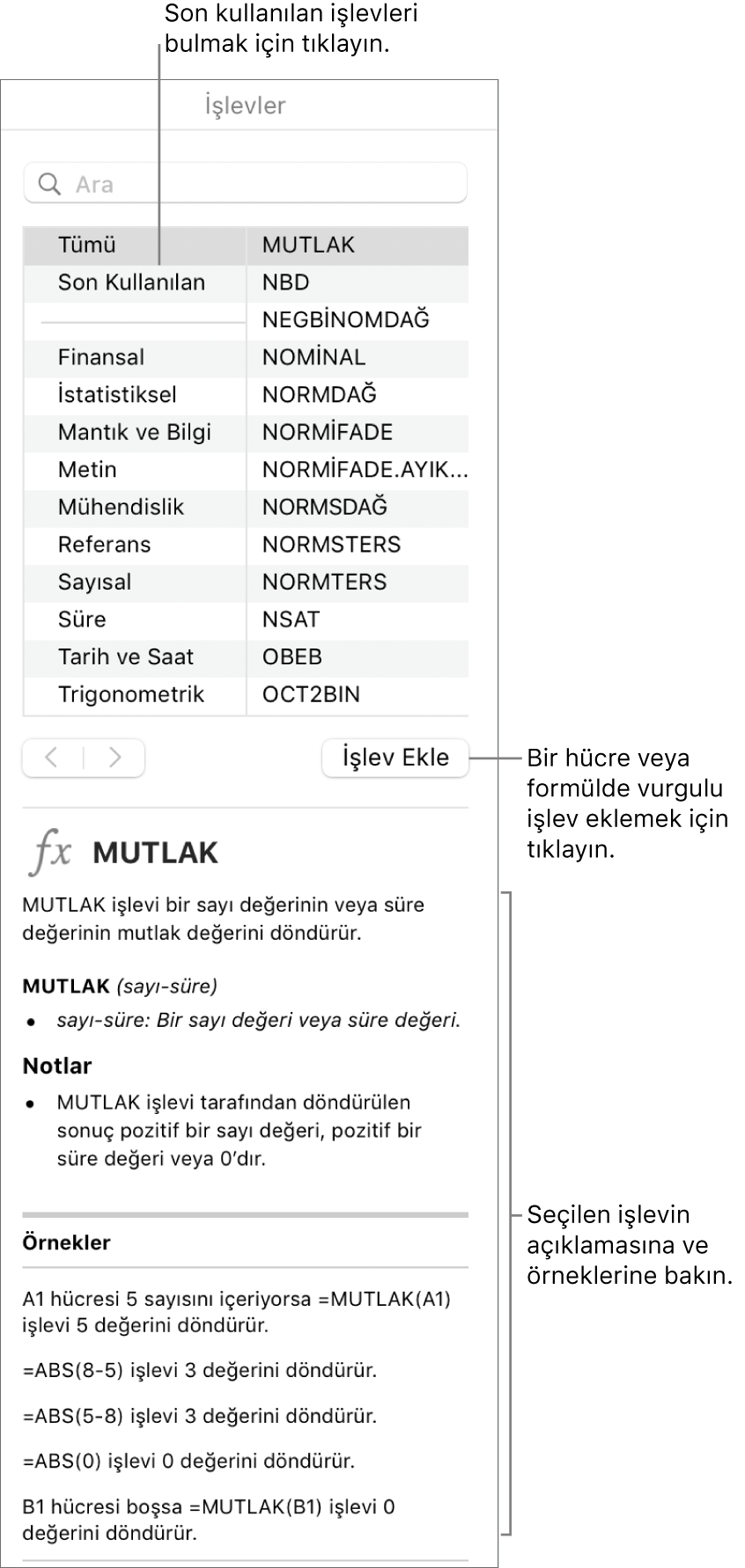 Son kullanılan işlevlere, İşlev Ekle düğmesine ve işlev tanımına belirtme çizgileriyle İşlev Tarayıcı.