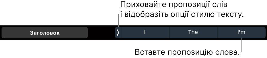 Панель Touch Bar MacBook Pro з елементами керування для вибору стилю тексту приховування пропозицій вводу і вставляння пропозицій.