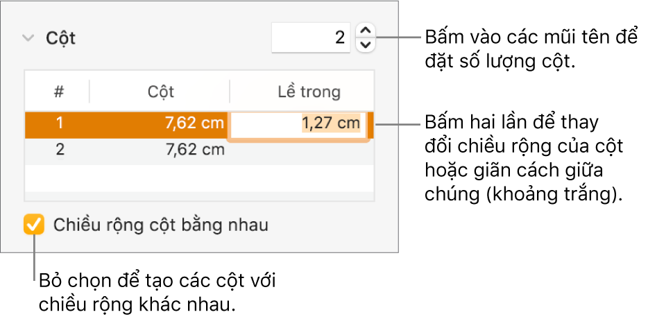 Khung Bố cục của Trình kiểm tra định dạng, hiển thị các điều khiển cột.