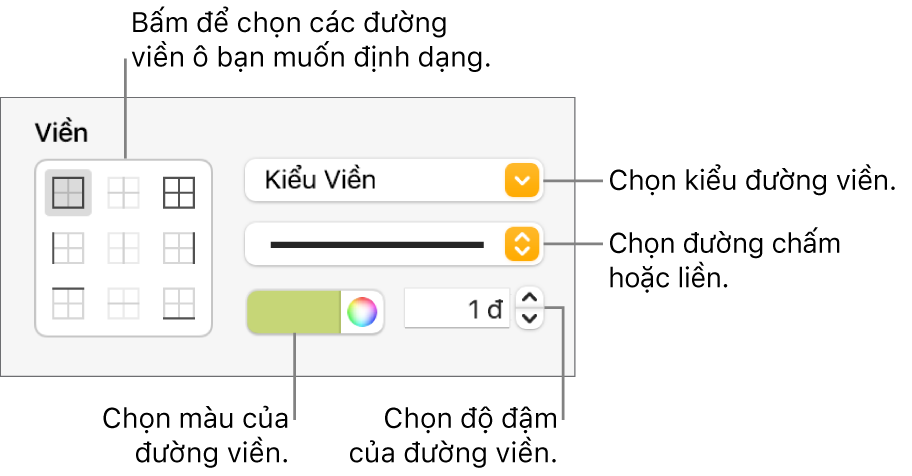 Các điều khiển để tạo kiểu đường viền ô.