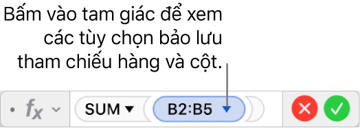 Trình sửa công thức đang hiển thị cách bảo lưu hàng và cột của tham chiếu vùng.