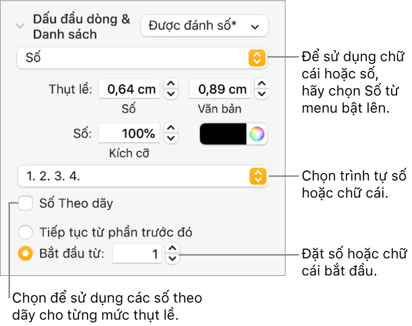 Các điều khiển để thay đổi kiểu số và khoảng cách của danh sách.