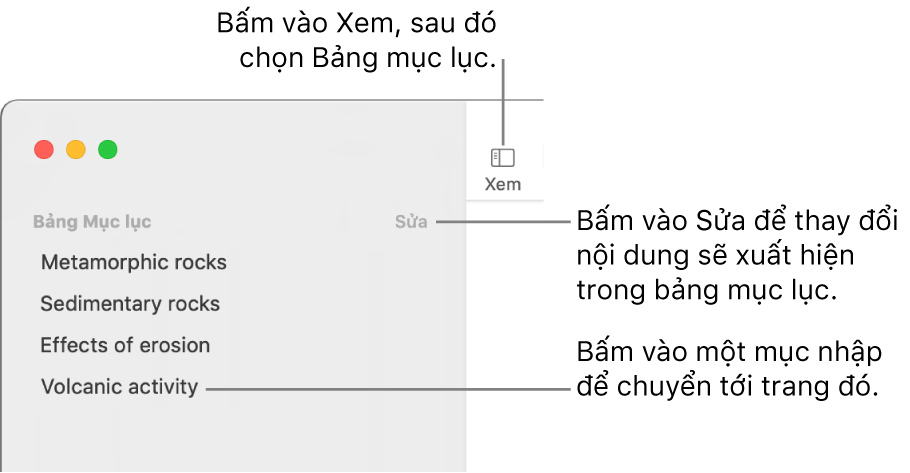 Bảng mục lục ở phía bên trái của cửa sổ Pages với nút Sửa ở góc trên cùng bên phải của thanh bên và các mục nhập bảng mục lục trong danh sách.