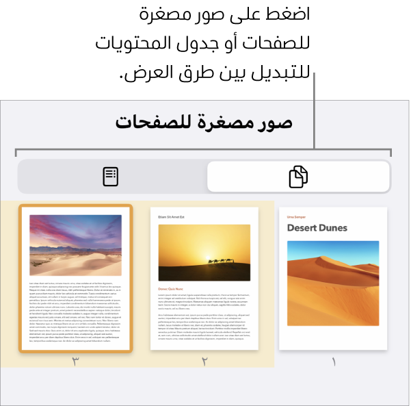 عرض الصور المصغرة للصفحات وبه صور الصور المصغرة لكل صفحة. زر صور مصغرة للصفحات وزر جدول المحتويات في أسفل الشاشة.