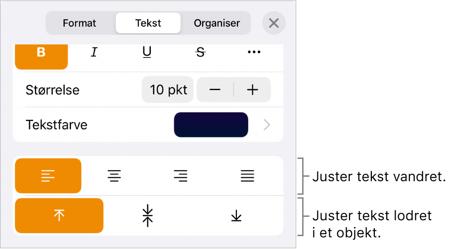 Vinduet Layout med billedforklaringer til knapperne til justering af tekst og afstand.