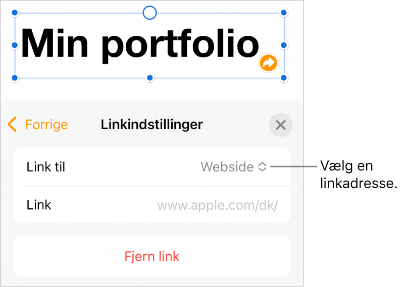 Link-værktøjet med websiden er valgt, med knapperne Fjern og Åbn Link i bunden.