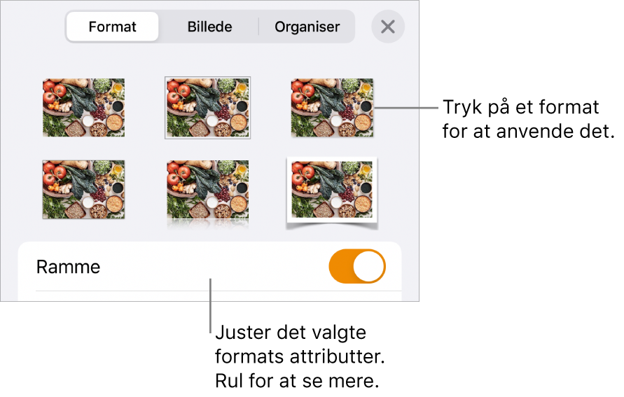 Format til menuen Format med objektformater øverst og derunder en betjeningsmulighed til ændring af rammen.