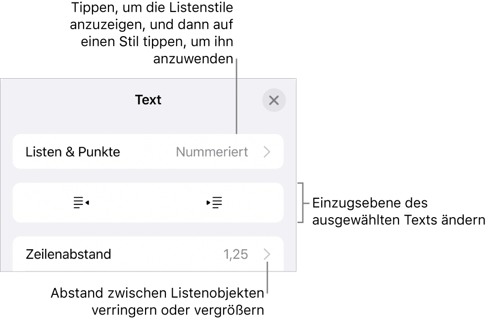 Der Abschnitt „Listen & Punkte“ der Formatsteuerungen mit Beschreibungen für „Listen & Punkte“, den Tasten „Einrücken“ und „Ausrücken“ und Steuerelemente für den Zeilenabstand.