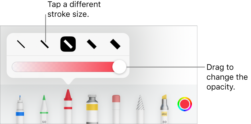 Controls for choosing a stroke size and a slider for adjusting the opacity.