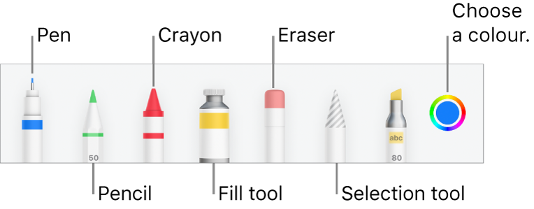 The drawing toolbar in Pages on iPhone with a pen, pencil, crayon, fill tool, eraser, selection tool and colour well showing the current colour.