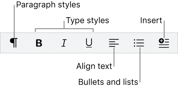 The Quick Format bar, showing icons for paragraph styles, type styles, text alignment, bullets and lists and inserting elements.