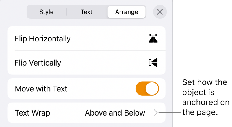 The Arrange controls with Move with Text and Text Wrap.