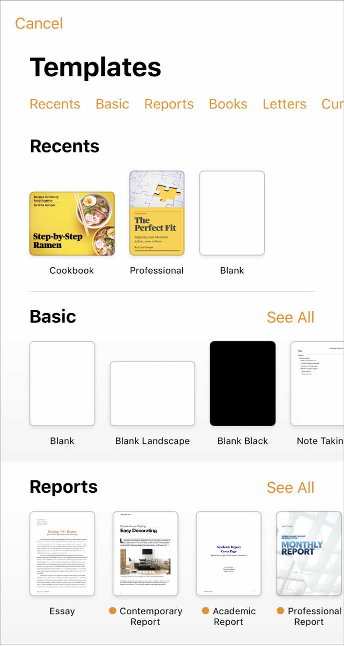 The template chooser, showing a row of categories across the top that you can tap to filter the options. Below are thumbnails of pre-designed templates arranged in rows by category, starting with New at the top and followed by Recents and Basic. A See All button appears above and to the right of each category row.