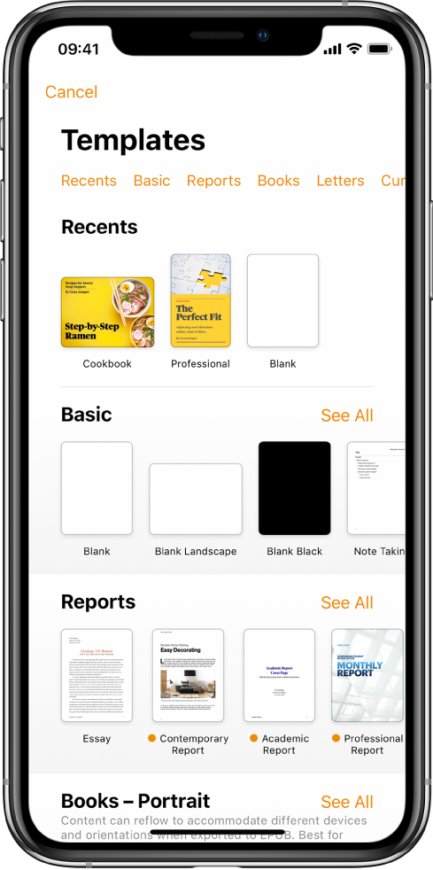 The template chooser, showing a row of categories across the top that you can tap to filter the options. Below are thumbnails of pre-designed templates arranged in rows by category, starting with New at the top and followed by Recents and Basic. A See All button appears above and to the right of each category row.