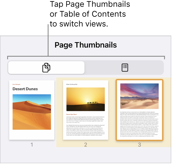 Page Thumbnails view with thumbnail images of each page. A Page Thumbnails button and Table of Contents button are at the bottom of the screen.