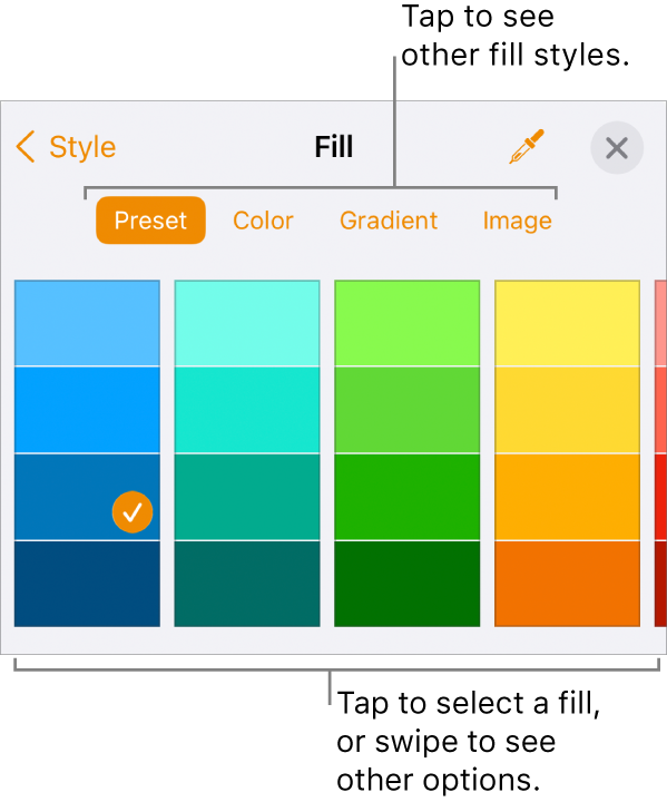 Fill options in the Style tab of the Format button.