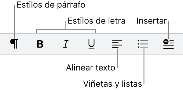 La barra de formato rápido mostrando íconos para estilos de párrafo, estilos de texto, alineación de texto, viñetas y listas, e insertando elementos.