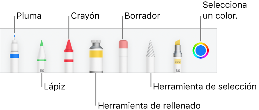 La barra de herramientas de dibujo en Pages en el iPhone con un bolígrafo, un lápiz, un crayón, la herramienta de relleno, el borrador, la herramienta de selección y la paleta de colores mostrando el color actual.