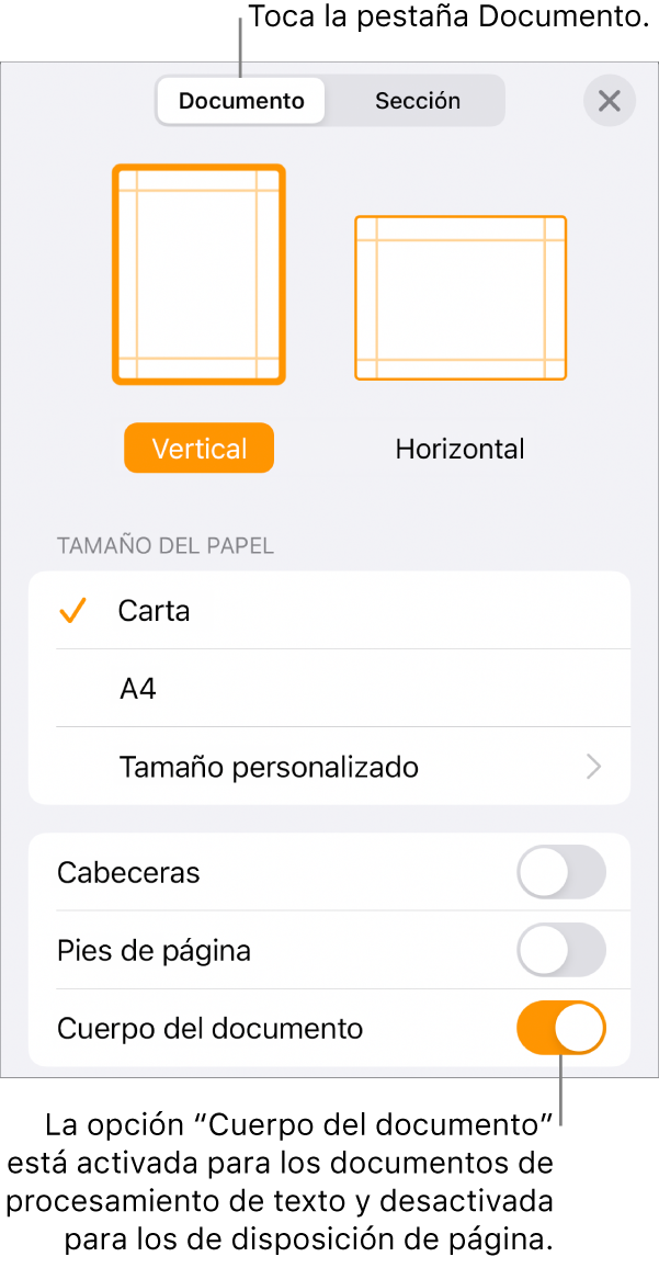 Los controles de formato del documento, teniendo seleccionada la opción “Cuerpo del documento” de cerca de la parte inferior de la pantalla.