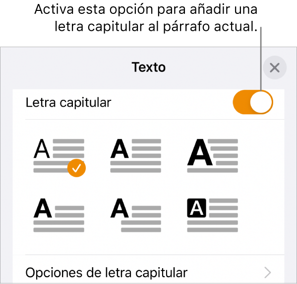 Los controles de “Letra capitular” situados en la parte inferior del menú Texto.