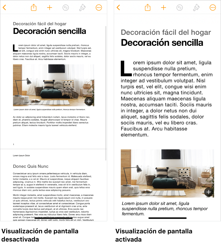 Dos vistas del mismo documento de Pages, con la visualización de pantalla activada y desactivada.