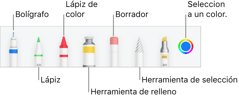 La barra de herramientas de dibujo en la app Pages del iPhone, con un bolígrafo, lápiz, lápiz de color, relleno, borrador, herramienta de selección y paleta de colores, que muestra el color actual.