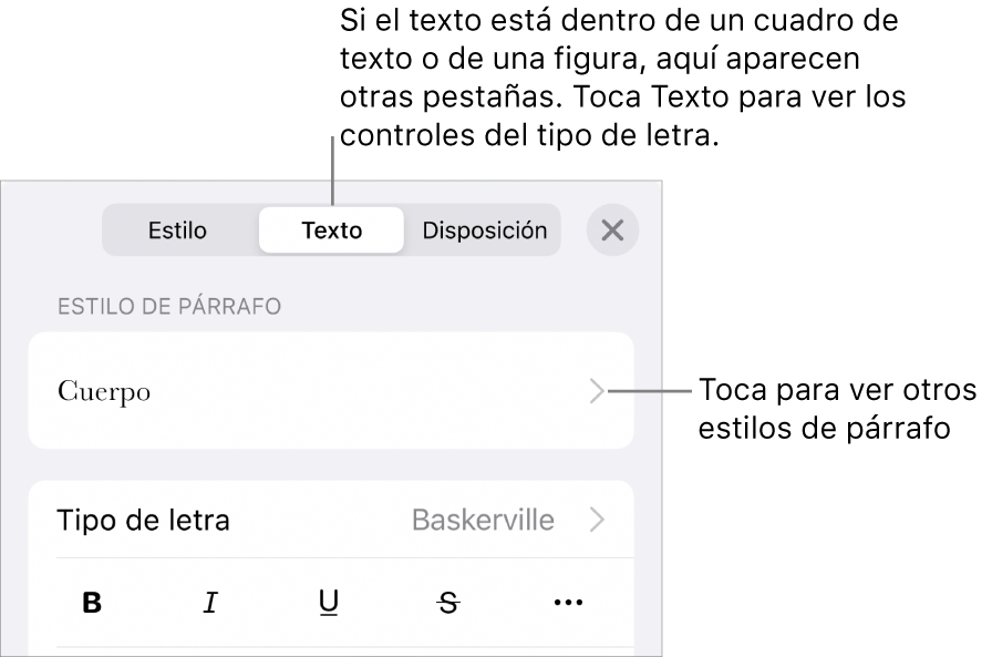 El menú Formato, que muestra controles de texto para configurar los estilos de párrafo y carácter, tipo de letra, tamaño y color.