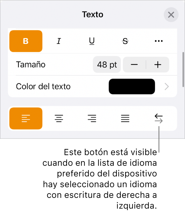 Controles de texto del menú Formato con una llamada al botón “De derecha a izquierda”.