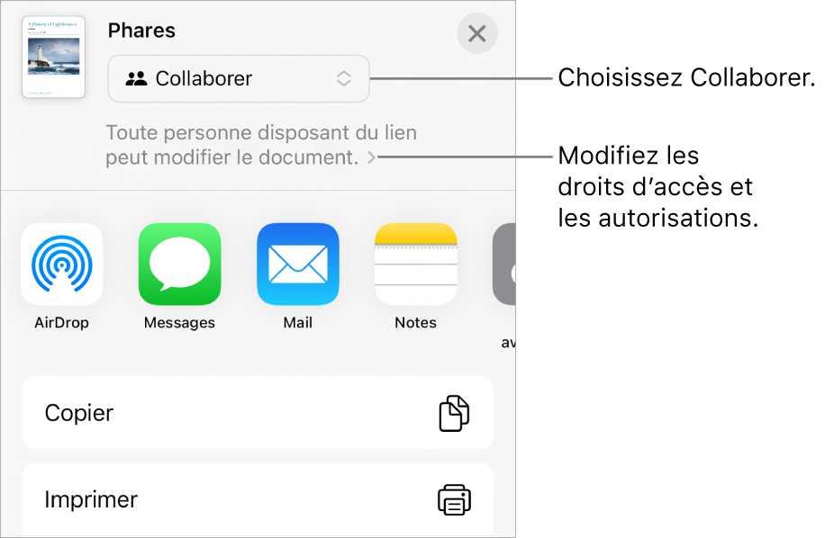 Le menu Partager avec l’option Collaborer sélectionnée dans le haut, au-dessus des réglages d’accès et d’autorisation.