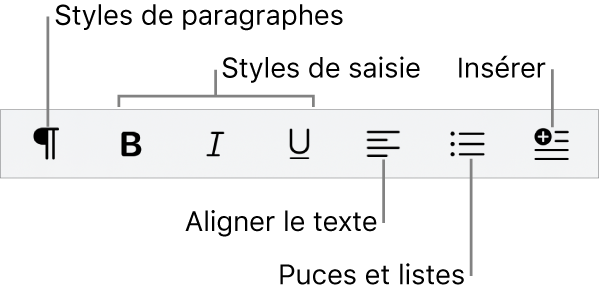 Barre des formats rapide avec des icônes pour les styles de paragraphe, les styles de saisie, l’alignement du texte, les puces et listes, ainsi que l’insertion d’éléments.
