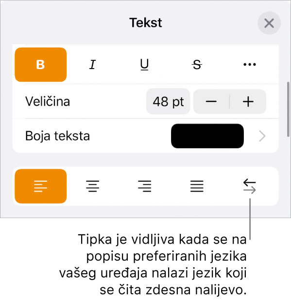 Kontrole teksta na izborniku Formatiraj s oblačićem koji pokazuje na tipku S desna na lijevo.