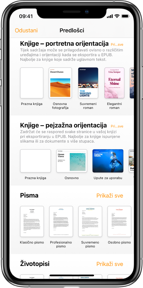 Izbornik predložaka s predlošcima knjiga u orijentaciji portret na vrhu i orijentaciji pejzaž ispod.