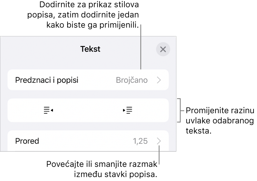 Odjeljak Predznaci i popisi kontrola formatiranja s oblačićima na Predznake i popise, tipke za izvlake i uvlake i kontrole razmaka između redaka.