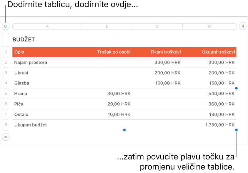 Odabrana tablica, s plavim točkama za promjenu veličine.