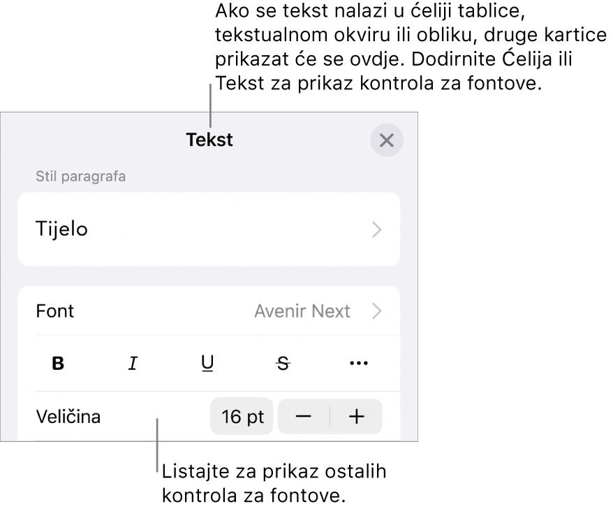 Kontrole teksta u izborniku Format za postavljanje paragrafa i stilova paragrafa, fonta, veličine i boje.