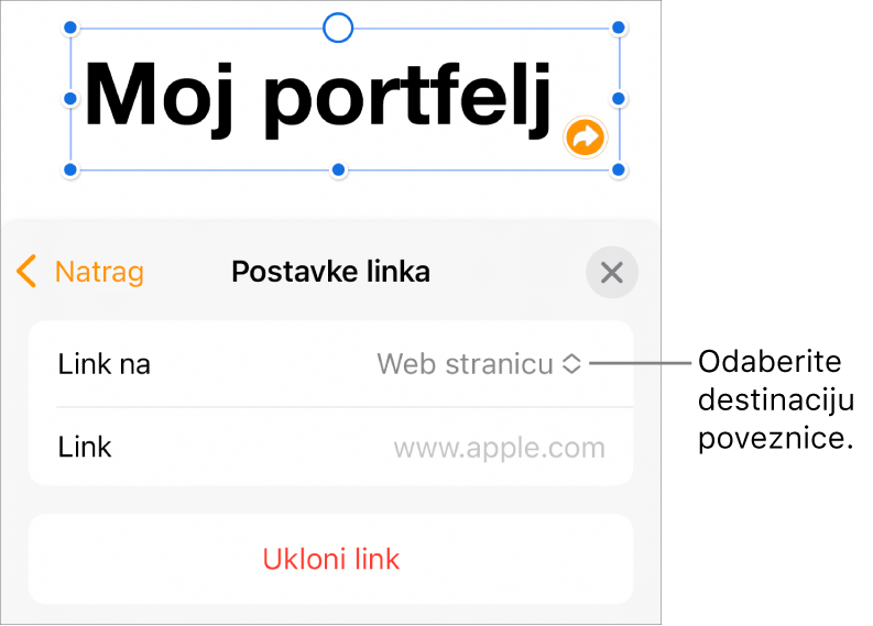 Kontrole Postavke linka s odabranom opcijom Web stranica, tipka Ukloni link nalazi se na dnu.