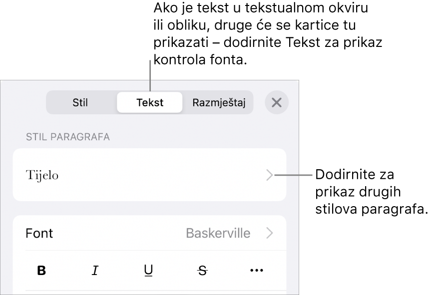 Izbornik Formatiraj s prikazom kontrola teksta za postavljanje paragrafa i stilova paragrafa, fonta, veličine i boje.