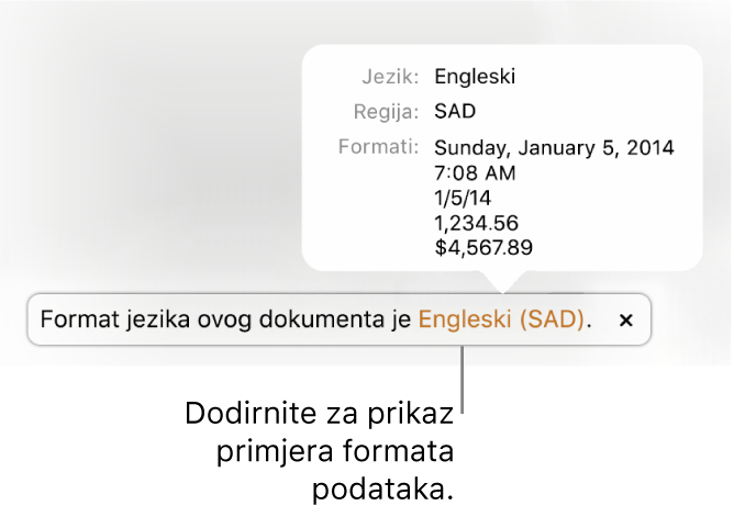 Obavijest o postavci drugog jezika i regije, pokazuje primjere formatiranja na tom jeziku i u toj regiji.