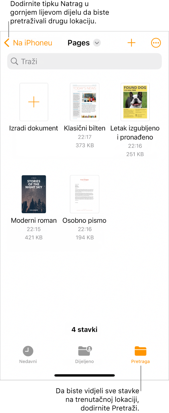 Prikaz pretraživanja upravljanja dokumentima s linkom na lokaciju u gornjem lijevom kutu, a ispod njega nalazi se polje za pretraživanje. U gornjem desnom kutu nalazi se tipka Dodaj dokument i tipka Više. Na dnu zaslona nalaze se tipke Nedavne stavke i Pretraži.