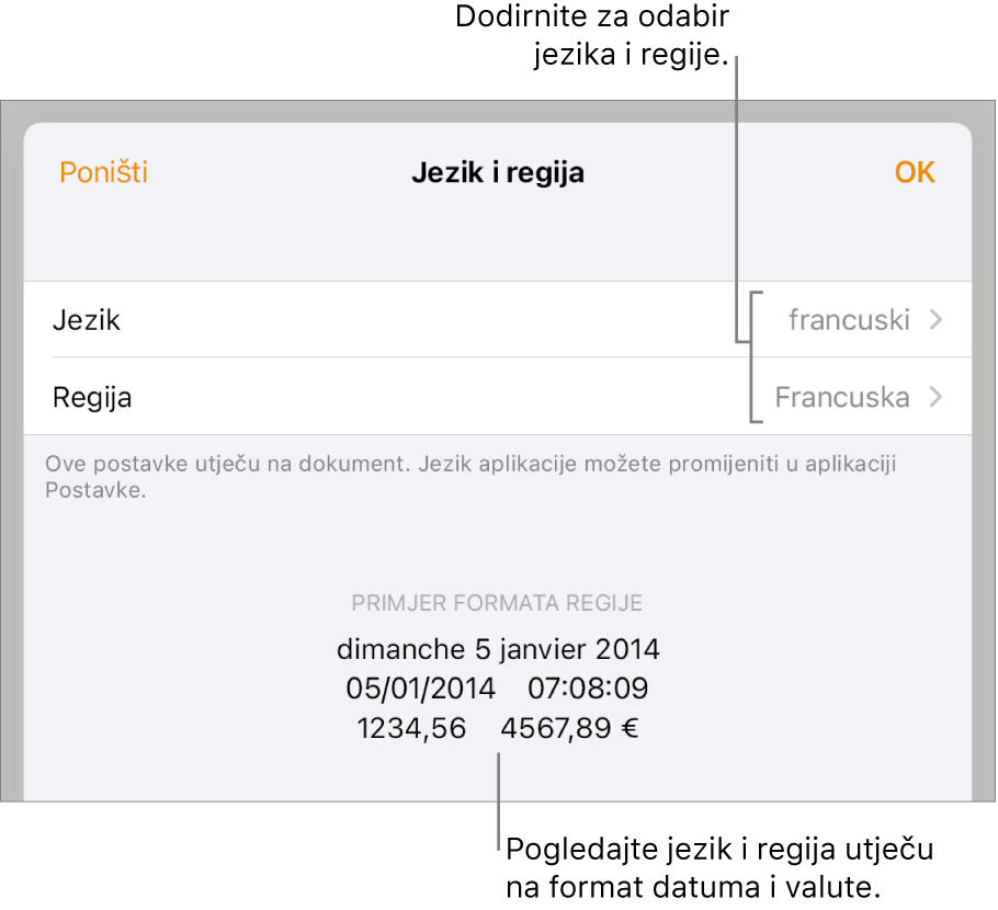 Prozor Jezik i regija s kontrolama za jezik i regiju te primjer formatiranja uključujući datum, vrijeme, decimalu i valutu.